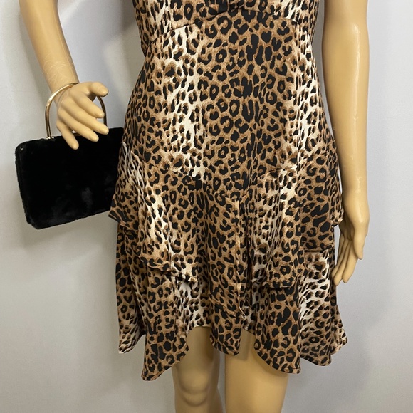 Cheetah print crewneck line sleeveless fit flare asymmetrical ruffled mini dress - Picture 5 of 14